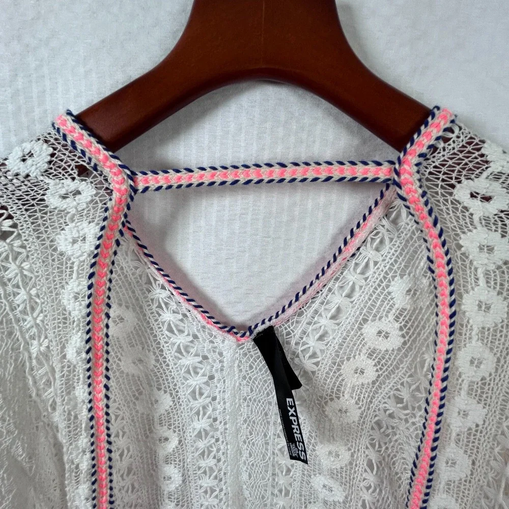 Express White Cotton Crochet‎ Neon Pink Tassels Open Swimsuit Cover Up One Size